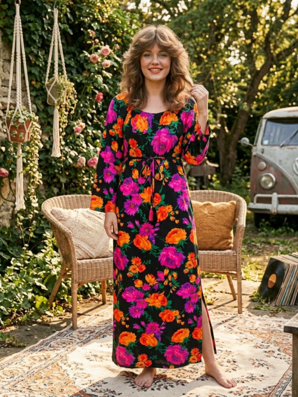 Vtg 70s Black Neon Floral Boho Hippie Maxi Dress